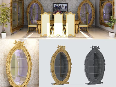Ornate Oval Mirror With Gold Carved Frame In Elegant Dining Room Interior 3d model