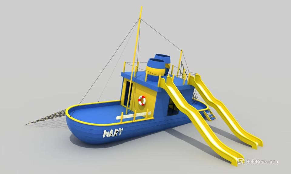 Vibrant Blue Play Boat Structure With Yellow Slides And MAPPY Sign 3d model 