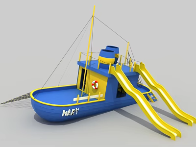 Vibrant Blue Play Boat Structure With Yellow Slides And MAPPY Sign 3d model