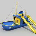Vibrant Blue Play Boat Structure With Yellow Slides And MAPPY Sign