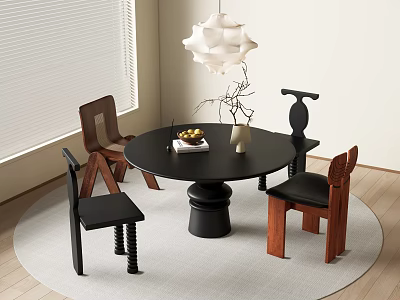 Modern Round Black Dining Table And Wooden Chairs With Black Seats Near Window And Pendant Light 3d model
