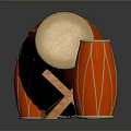 Red Traditional Drums Set With Large Main Drum And Small Side Drums On Wooden Stand