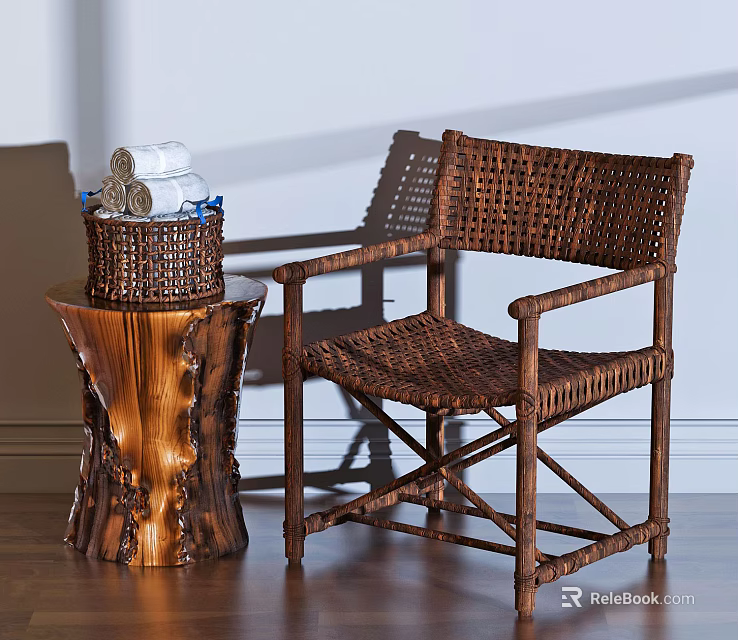 Woven Leisure Chair with Wooden Frame and Wooden Stump Side Table Holding Basket with Towels 3d model 