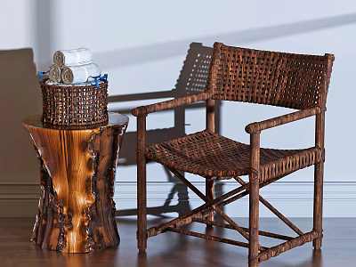 Woven Leisure Chair with Wooden Frame and Wooden Stump Side Table Holding Basket with Towels 3d model
