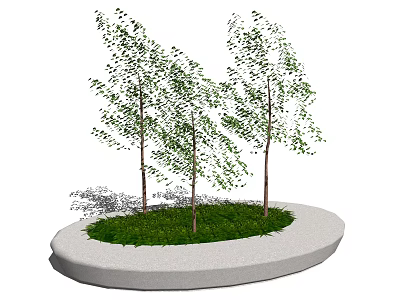Circular Tree Pit Design with Three Green Trees and Lush Grass Surface Area 3d model