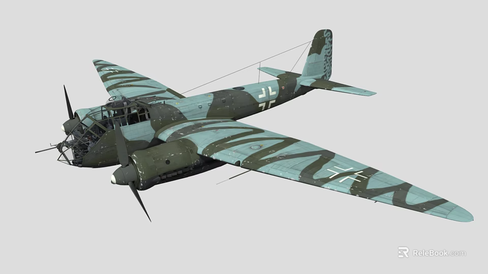 Vintage World War II Fighter Aircraft With Green Gray Camouflage Paint And Twin Propellers 3d model 