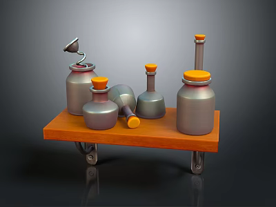 Vintage Wooden Cart Display With Metal Bottles Cans And Orange Lids 3d model