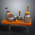 Vintage Wooden Cart Display With Metal Bottles Cans And Orange Lids