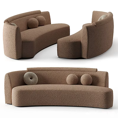 Cozy Brown Curved Sectional Sofa With Round Pillows And Soft Plush Fabric 3d model