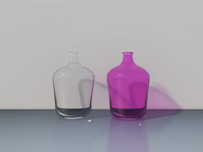 Transparent And Purple Glass Vases With Flowers On Gray Tabletop With Light Background 3d model