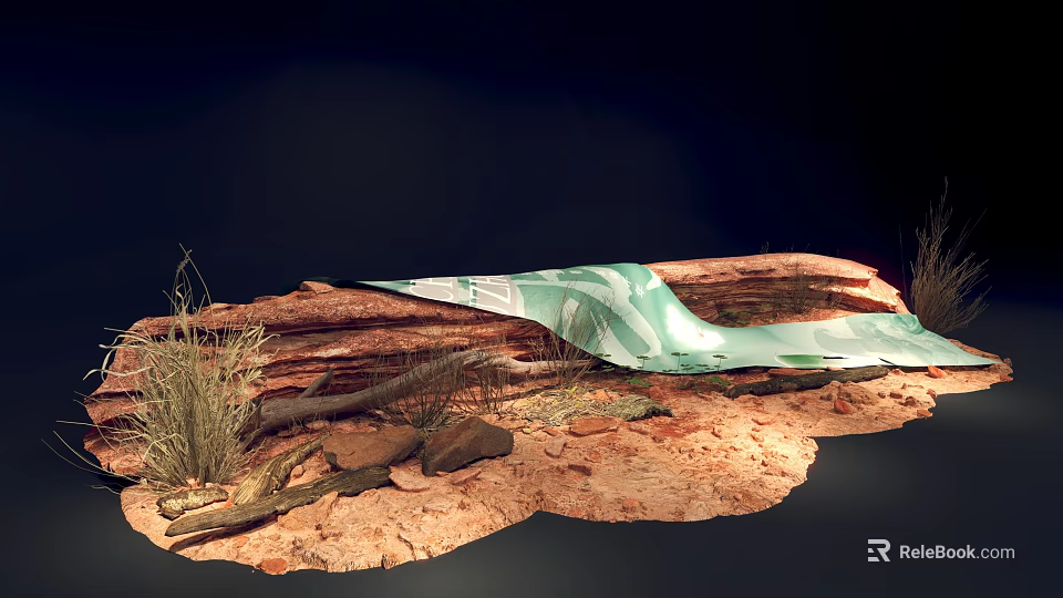Natural Scene Display With Logs Green Covering Rocks And Dry Grass 3d model 