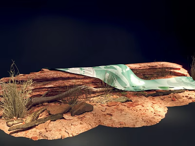 Natural Scene Display With Logs Green Covering Rocks And Dry Grass 3d model