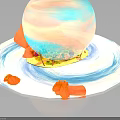 Orange Handcrafted Sculpture On Round Base With Blue White Wavy Patterns And Small Orange Fragments
