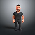 3D Man Character in Black T-Shirt Pants with Silver Necklace Bracelets Short Hair Gray Background