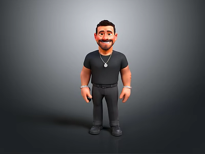 3D Man Character in Black T-Shirt Pants with Silver Necklace Bracelets Short Hair Gray Background 3d model
