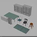Furniture Set with Green Table White Gray Chairs Cabinet Orange Stool and Green Rug