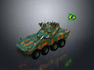 Brazilian Military Vehicle with Camouflage Paint and Six Wheels Displaying National Flag 3d model