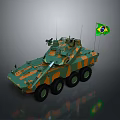 Brazilian Military Vehicle with Camouflage Paint and Six Wheels Displaying National Flag