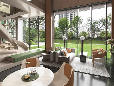Spacious Modern Sales Office Interior With Floor to Ceiling Windows and Greenery View 3d model