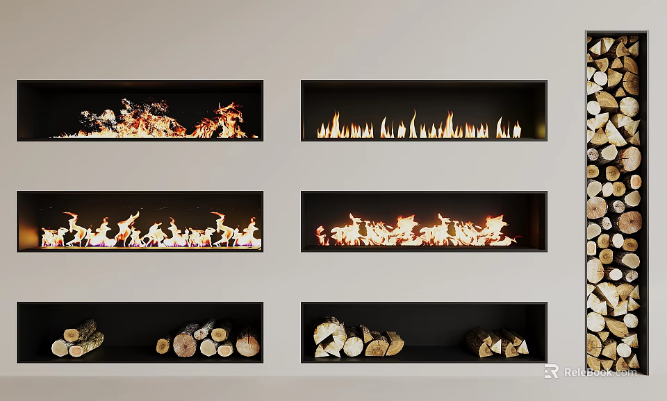 Multiple Modern Fireplaces With Burning Flames And Stacked Firewood Logs 3d model