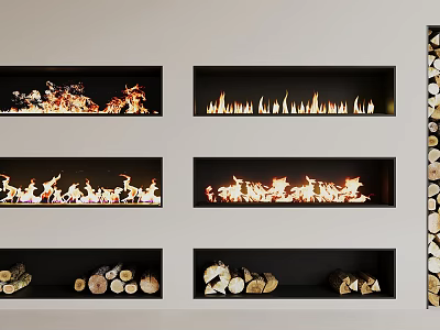 Multiple Modern Fireplaces With Burning Flames And Stacked Firewood Logs 3d model