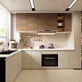 Modern Kitchen Interior With Wooden Cabinets Stainless Steel Appliances And White Countertops