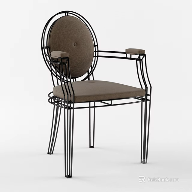 Modern Armchair with Black Metal Frame Round Backrest Brown Padded Seat and Armrests 3d model 