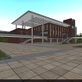 Modern School Building Red Brick Exterior With Large Windows Connecting Walkway Front Plaza Campus Setting