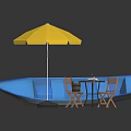 Outdoor Table with Yellow Umbrella Blue Boat and Chairs on Patio Mat 3d model