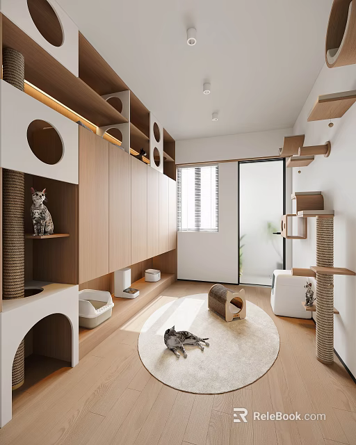 Modern Cat-Friendly Interior Design With Cat Trees Beds Litter Box And Play Rugs 3d model 