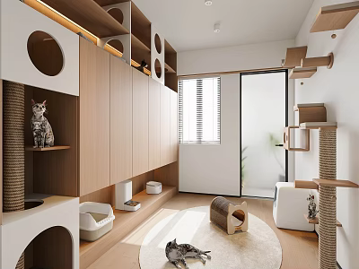 Modern Cat-Friendly Interior Design With Cat Trees Beds Litter Box And Play Rugs 3d model