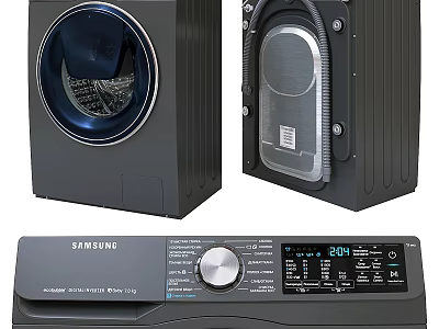 Samsung Front Load Washing Machine With Front View Interior Drum And Control Panel Features 3d model