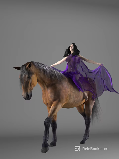 Woman Riding a Brown Horse in a Flowing Purple Dress with Long Black Hair 3d model