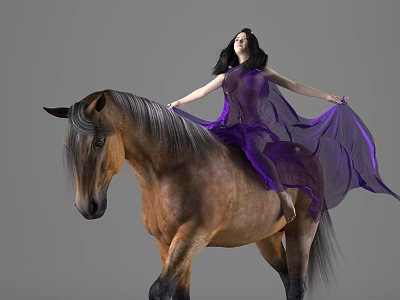 Woman Riding a Brown Horse in a Flowing Purple Dress with Long Black Hair 3d model