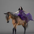 Woman Riding a Brown Horse in a Flowing Purple Dress with Long Black Hair