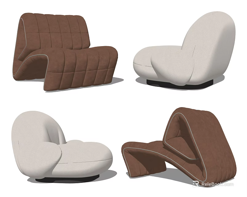 Stylish Single Sofa In Brown And Beige With Unique Curved Design For Living Room 3d model 