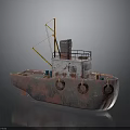 Rusty Red And White Water Vessel With Yellow Crane Black Chimney And Lifebuoys