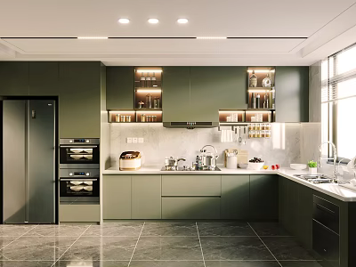 Modern Green Kitchen Interior With Built In Ovens Countertop And Natural Light From Window 3d model