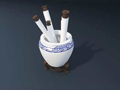 Traditional Blue And White Ceramic Vessel With White Tubes On Wooden Stand 3d model