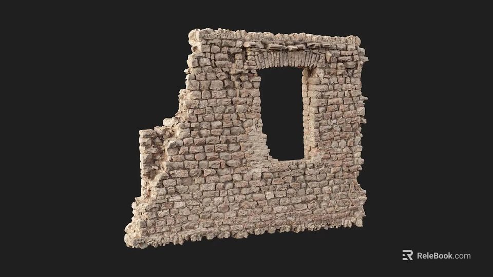 Ancient Stone Wall Ruin With Square Window Frame And Weathered Masonry 3d model 