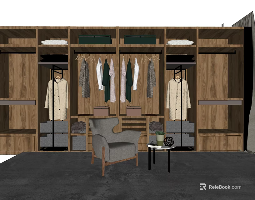 Modern Wooden Wardrobe With Hanging Rails Built in Compartments Drawers Chair and Small Table 3d model 