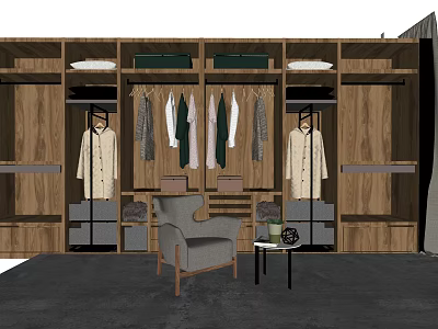 Modern Wooden Wardrobe With Hanging Rails Built in Compartments Drawers Chair and Small Table 3d model
