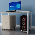 Office Desk With Windows 11 Monitor Keyboard Mouse Drawer Cabinet And Black Red PC Case