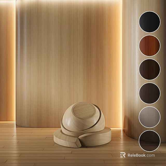 Natural Wooden Components With Stacked Circular Design And Color Samples Against Wood Wall 3d model 