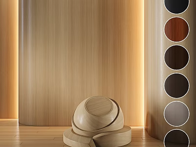 Natural Wooden Components With Stacked Circular Design And Color Samples Against Wood Wall 3d model