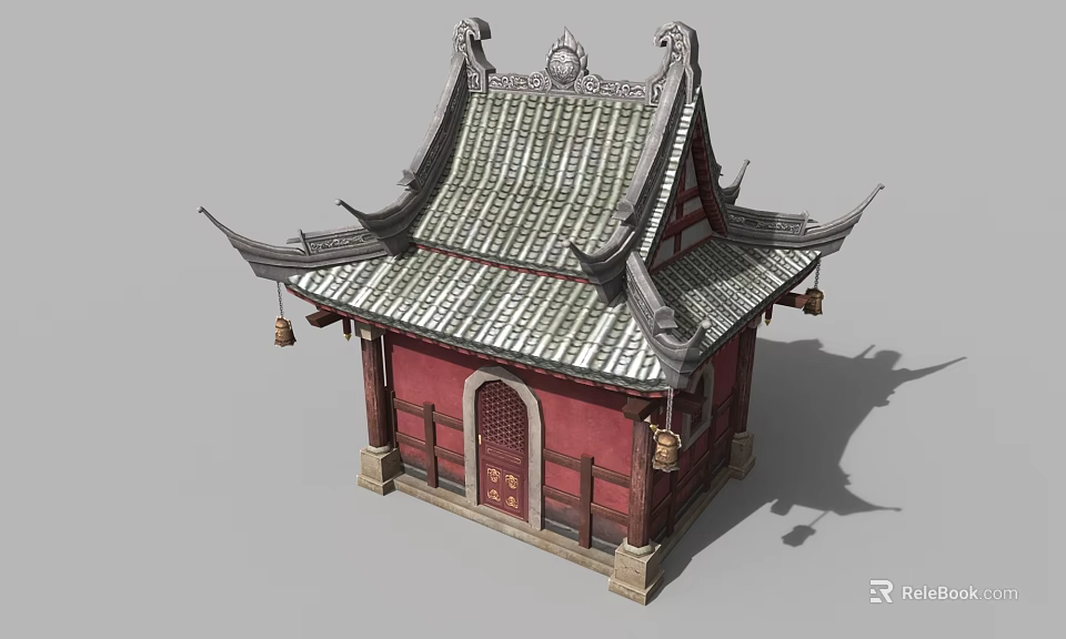 Cartoon Scene of Traditional Chinese Pavilion with Curved Eaves Gray Tiles and Red Walls 3d model 