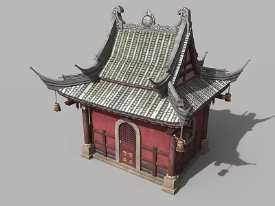 Cartoon Scene of Traditional Chinese Pavilion with Curved Eaves Gray Tiles and Red Walls 3d model