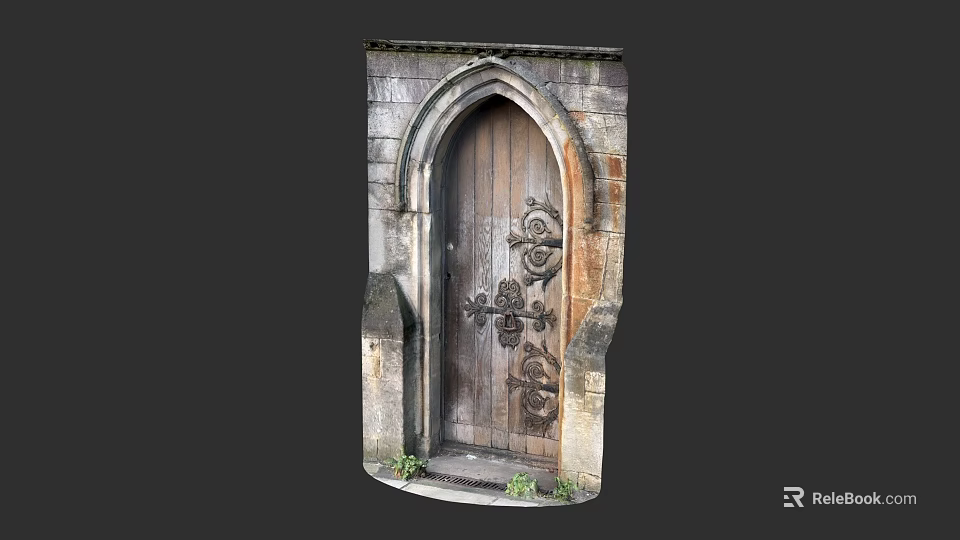 Antique Arched Wooden Door With Intricate Carved Patterns And Stone Frame 3d model 