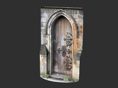 Antique Arched Wooden Door With Intricate Carved Patterns And Stone Frame 3d model