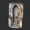 Antique Arched Wooden Door With Intricate Carved Patterns And Stone Frame